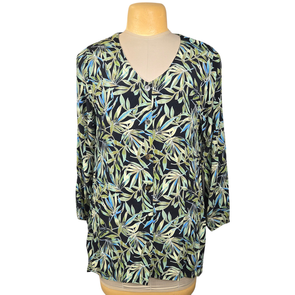 Anna Ocean Women's M Tropical Leaf Rayon Button‎ Front Blouse Tunic Top